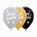 11" Latex Happy Birthday Script with Stars Sliver, Gold and Black