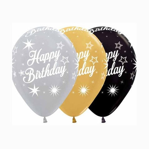 11" Latex Happy Birthday Script with Stars Sliver, Gold and Black