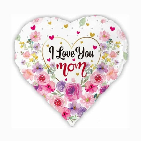 I Love You Mom White Heart with Flowers