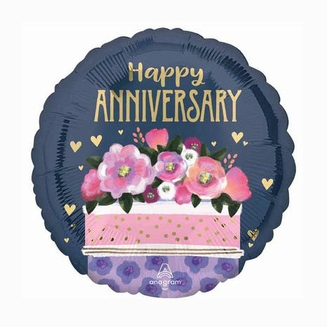 Happy Anniversary Round Blue with Pink Flowers
